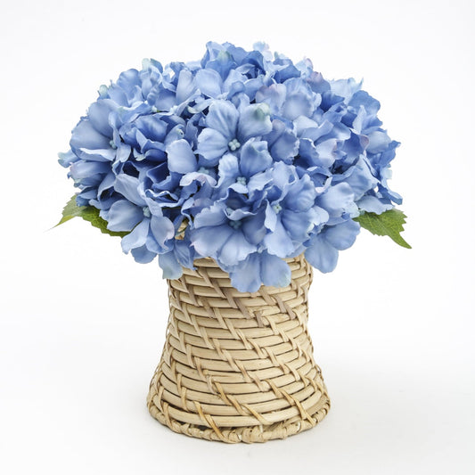 Better Homes & Gardens 7.8in Artificial Blue Hydrangea Flowers in Woven Rattan Vase