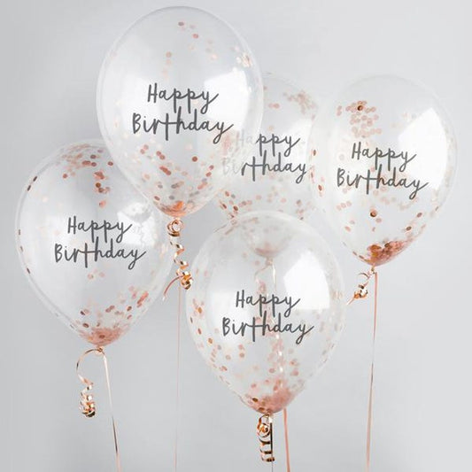 5 Rose Gold Happy Birthday Confetti Balloons, Birthday Balloons, Birthday Party Balloons, Rose Gold Party Balloons, Birthday Decorations