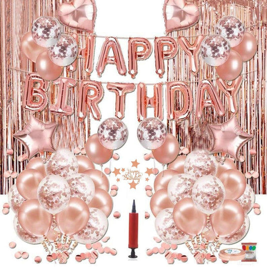 Birthday Decorations | 96 pcs set | Rose Gold Happy Birthday Foil Latex Confetti Balloons | Foil Curtains | Free Balloon Pump & Cake Topper