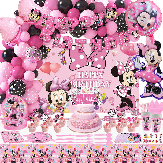 222 Pcs Pink Mouse Birthday Decorations, Cartoon Party Supplies Serves 10 Guests with Mouse Banner, Backdrop, Cake Topper, Tablecloth, Foil Balloons