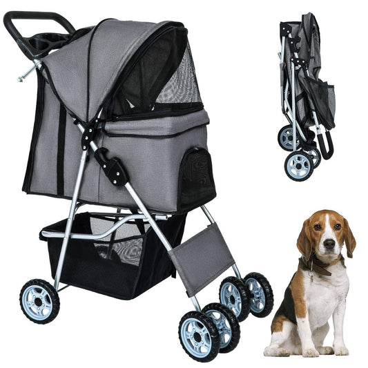 BestPet 4wheels Pet Stroller Dog Cat Jogger Stroller for Medium Small Dogs Cats Folding Lightweight Travel Stroller with Cup Holder,Grey