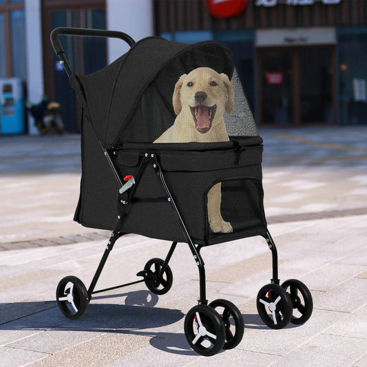 BestPet Pet Stroller Folding Dog Stroller 4 Wheels Cat Stroller with Large Door Curtain Ventilate Mesh Foldable Puppy Stroller for Travelling